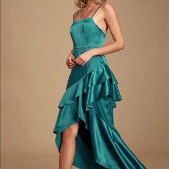 Lulus Yori Teal Green Satin Ruffled High-Low Maxi Dress - Picture 2 of 16